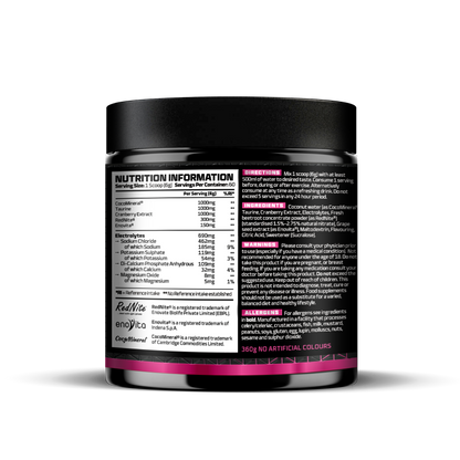 Nutrition information label on a supplement container with a white background