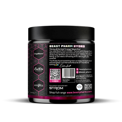 Beast Pharm Hydro supplement container with black and purple design on a white background