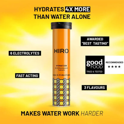 HIRO Hydration Lemon & Elderflower – 20 Tablets – tablet tube and product information