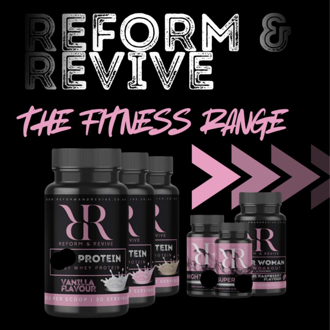Supplement bottles with 'Reform & Revive' branding on a black background