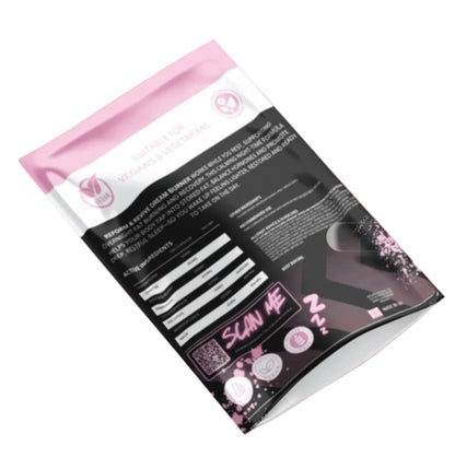 Product packaging with pink and black design on a white background