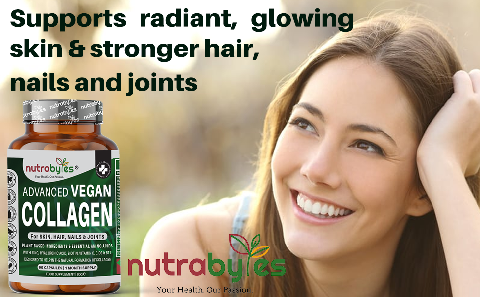 Advanced Vegan Collagen Support bottle with skin, hair, nails and joints graphic