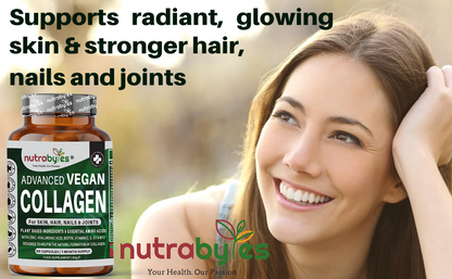 Advanced Vegan Collagen Support bottle with skin, hair, nails and joints graphic