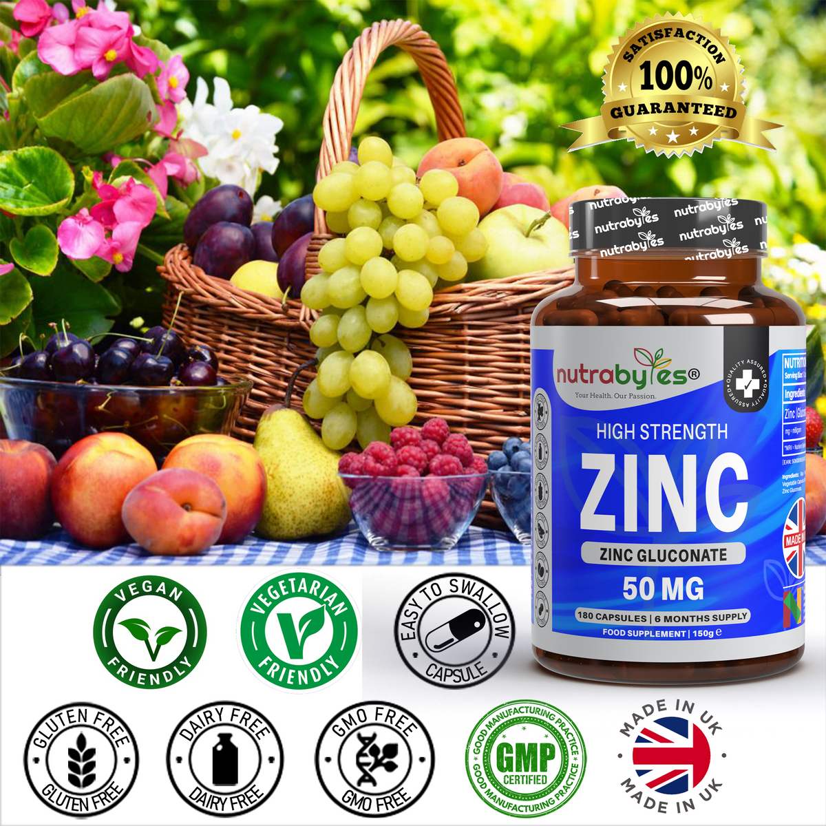 Zinc capsules with fruit imagery and free-from product icons