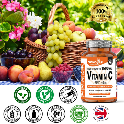 Vitamin C and zinc capsules with citrus fruit and free-from product icons