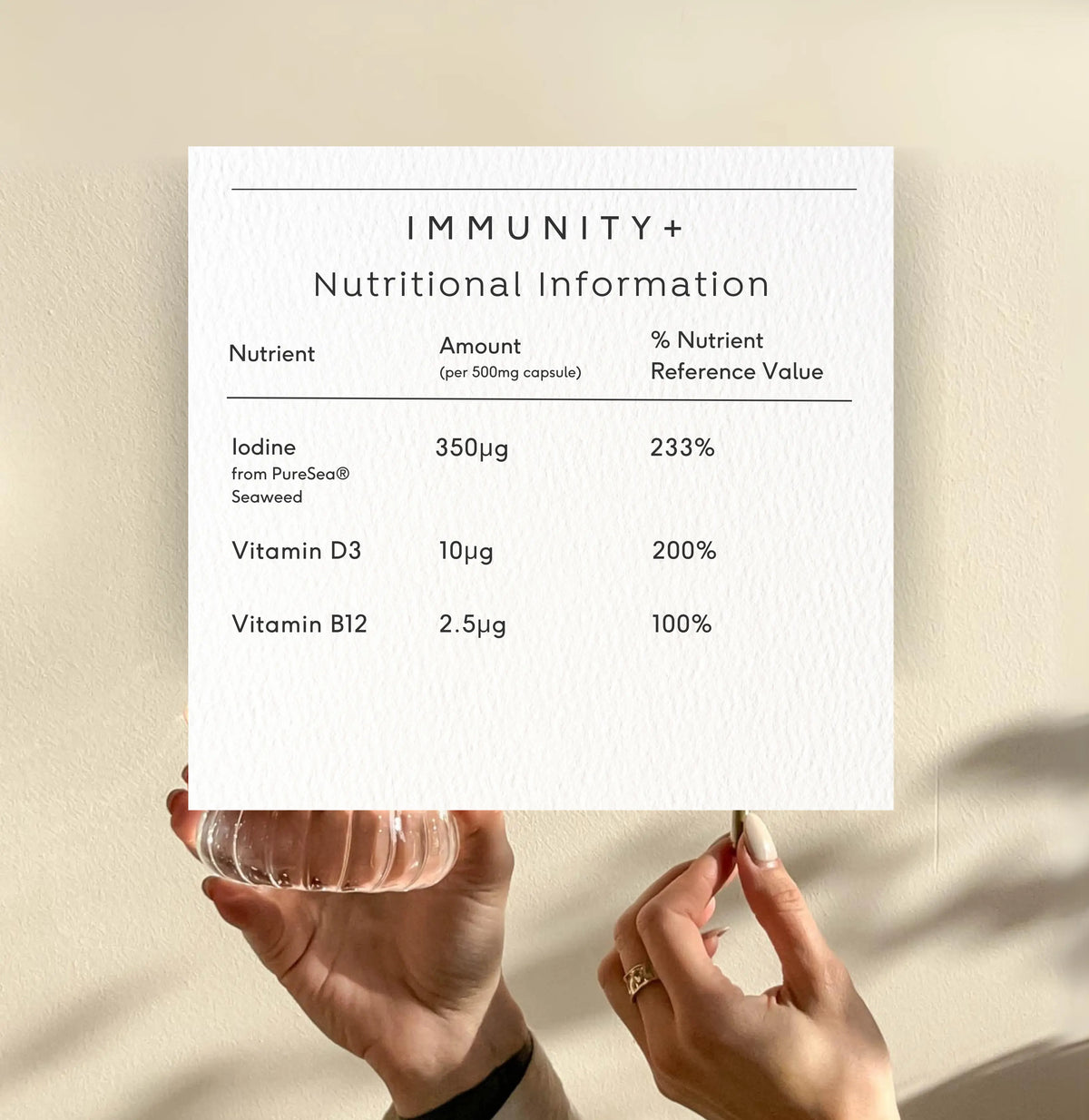 Doctor Seaweed Immunity+ nutrition table and one-capsule daily serving information