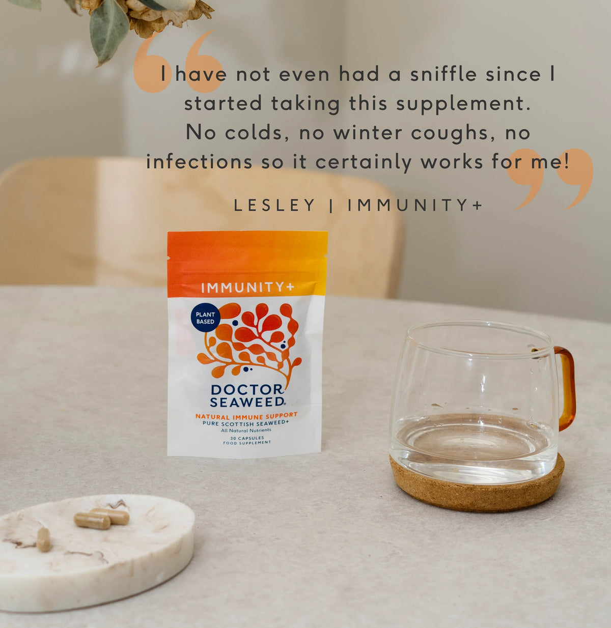 Doctor Seaweed Immunity+ pouch displayed with customer testimonial