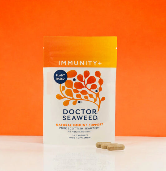 Doctor Seaweed Immunity+ seaweed, vitamin B12 and D3 supplement, front of 60-capsule pouch