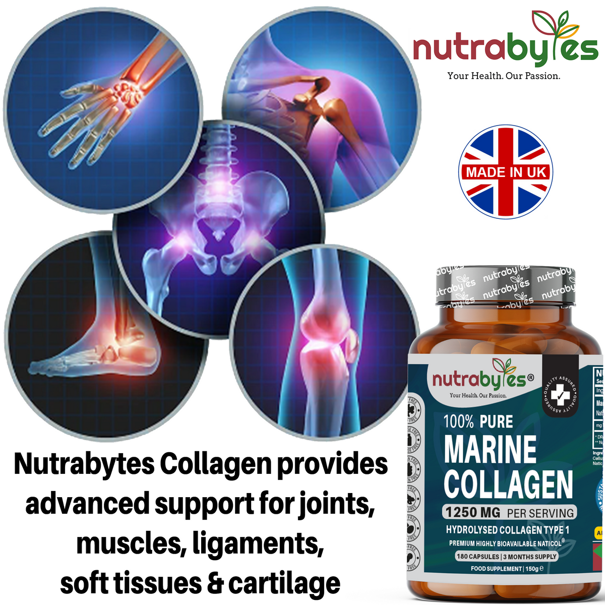 NUTRABYTES Pure Marine Collagen 1250mg – 180 Capsules – Joint Support3 infographic