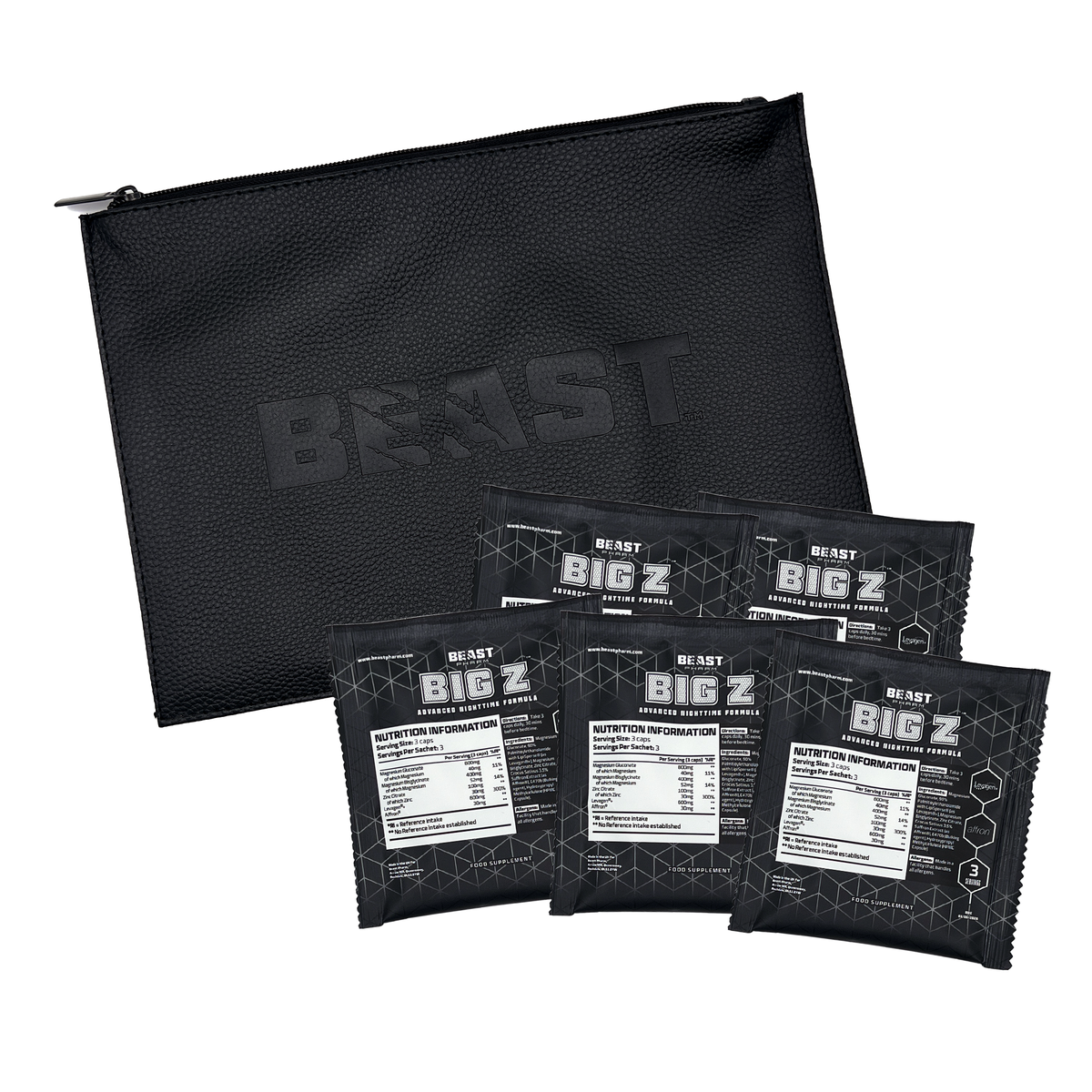 Black zippered pouch with 'Beast' branding and multiple 'BIG Z' supplement packages on a white background.