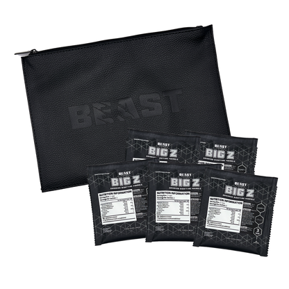 Black zippered pouch with 'Beast' branding and multiple 'BIG Z' supplement packages on a white background.
