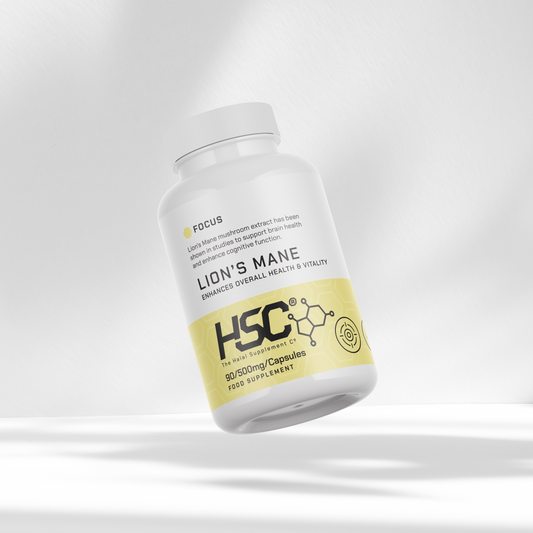 HSC Lion’s Mane supplement bottle on a white background