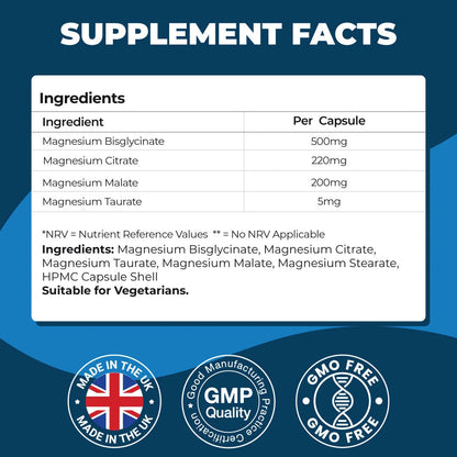 Magnesium 4-in-1 supplement facts for bisglycinate, citrate, malate and taurate per capsule