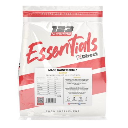 123 Nutrition Mass Gainer 3kg Banana pouch showing flavour and packaging details