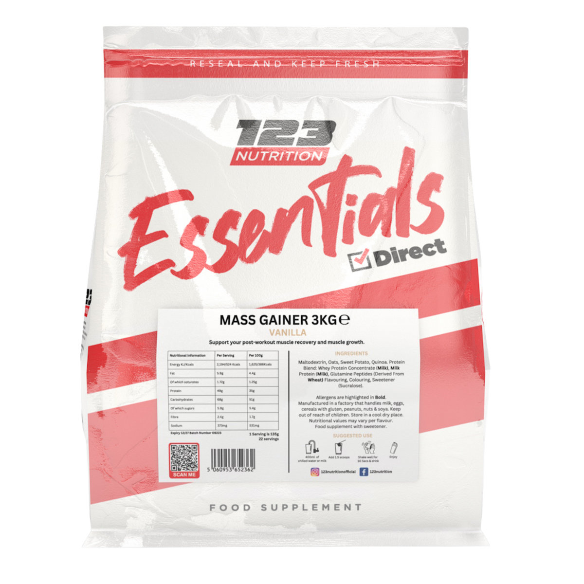 123 Nutrition Mass Gainer 3kg Vanilla pouch showing flavour and packaging details