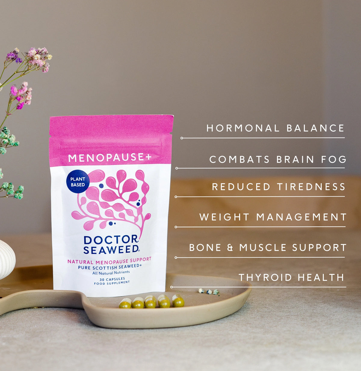 Doctor Seaweed Menopause+ seaweed iodine, vitamins and red clover information graphic