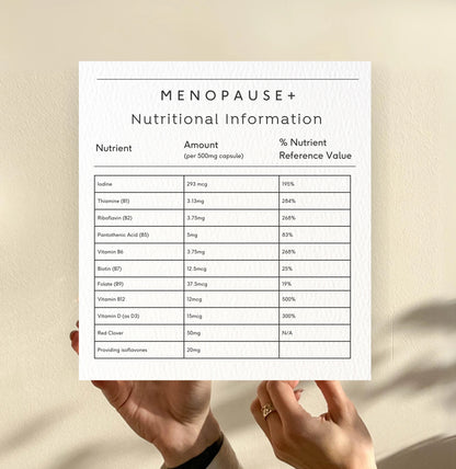 Doctor Seaweed Menopause+ nutrition table and one-month serving information