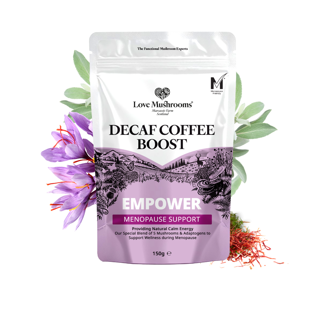Love Mushrooms Empower menopause support decaf coffee pouch with botanical ingredients