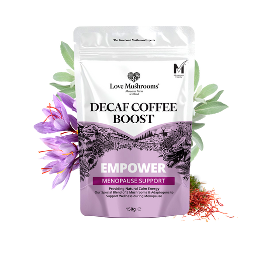 Love Mushrooms Empower menopause support decaf coffee pouch with botanical ingredients