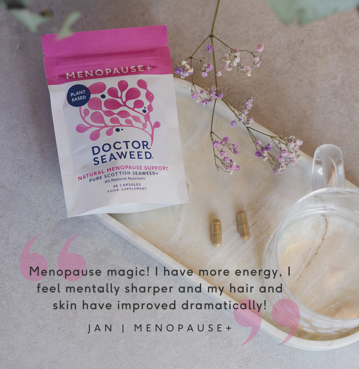 Doctor Seaweed Menopause+ pouch displayed with customer testimonial