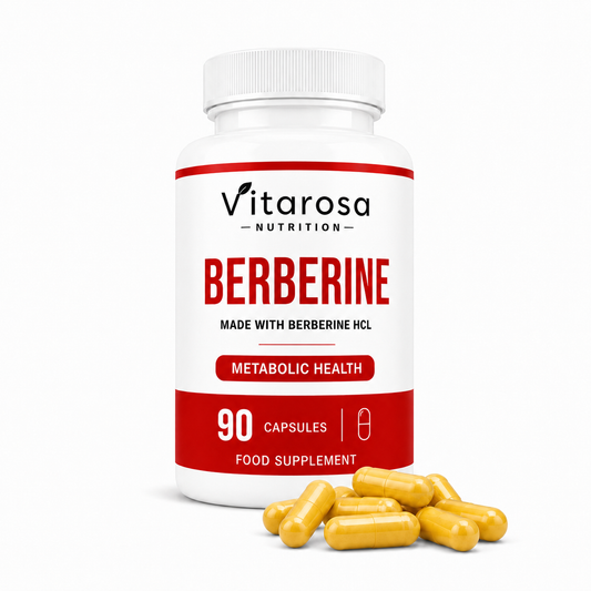 A white bottle of Vitarosa Nutrition Berberine capsules with a white cap, shown on a clean white background with several yellow-orange capsules placed in front of the bottle.