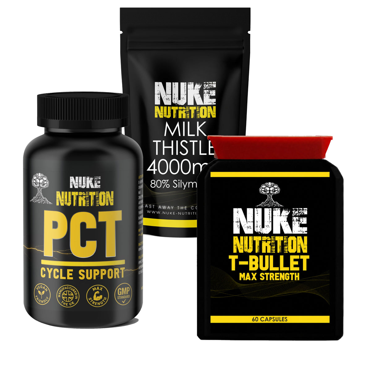 Nuke Nutrition Men’s Supplement Bundle – T Bullets, PCT & Milk Thistle – product packaging