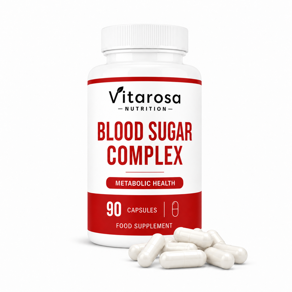 A white bottle of Vitarosa Nutrition Blood Sugar Complex food supplement with red and black text, shown on a white background with several white capsules in front.