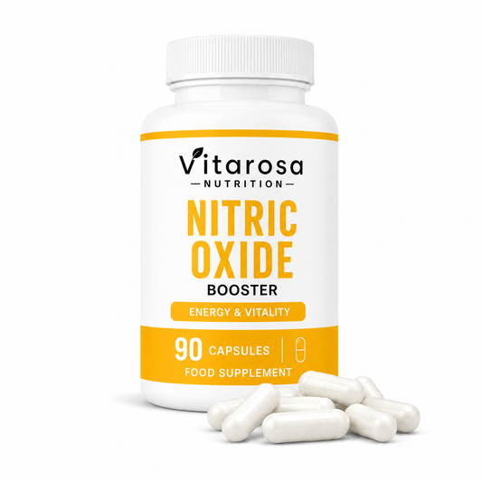 A white bottle of Vitarosa Nutrition Nitric Oxide Booster food supplement with yellow accents, shown with several white capsules in front on a clean white background.