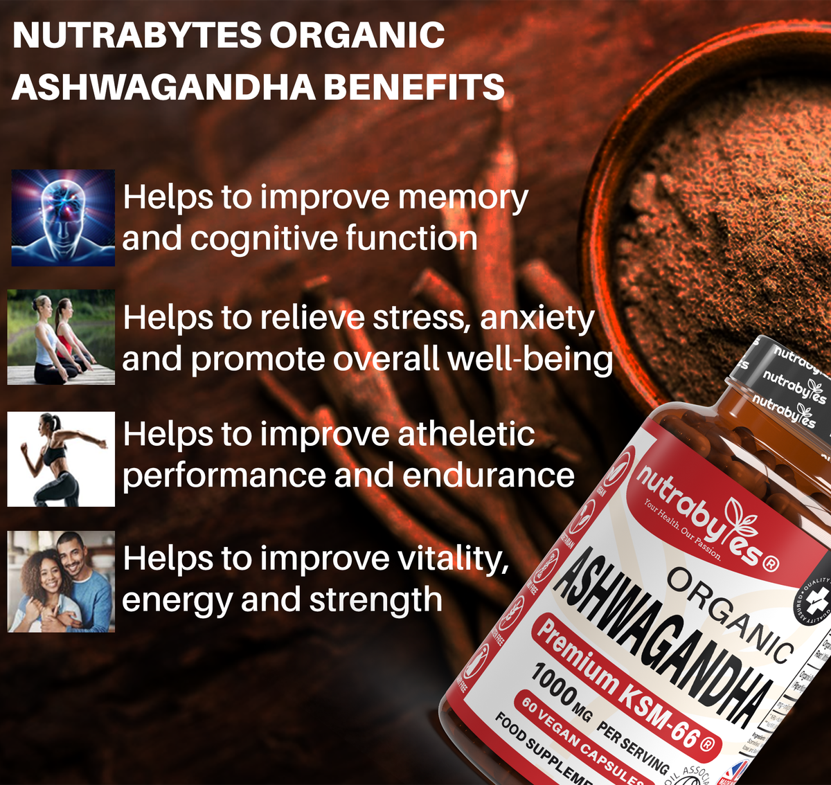 Organic Ashwagandha KSM-66® 1000mg per serving with Black Pepper – 60 Vegan Capsules | NUTRABYTES front view of the product packaging