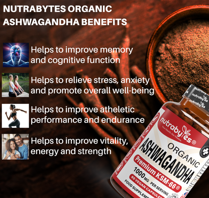 Organic Ashwagandha KSM-66® 1000mg per serving with Black Pepper – 60 Vegan Capsules | NUTRABYTES front view of the product packaging