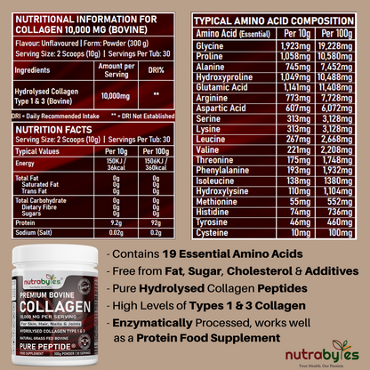 NUTRABYTES Bovine Collagen Powder 10,000mg – nutritional information table