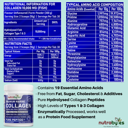 NUTRABYTES Marine Collagen Powder 10,000mg – nutrition and supplement facts panel
