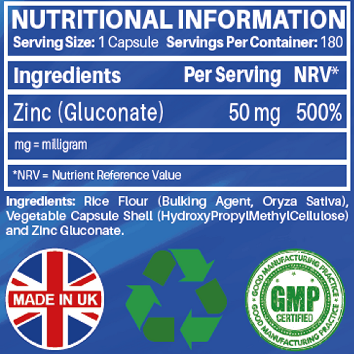 NUTRABYTES Zinc Gluconate 50mg nutritional information table