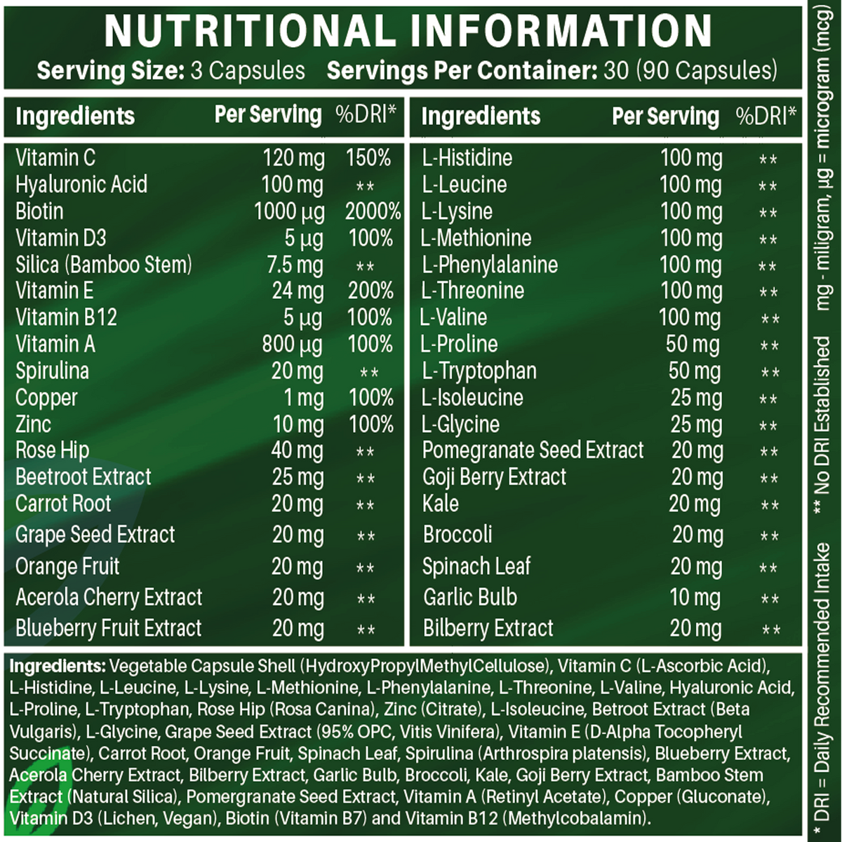 Nutrition table listing vitamins, minerals, amino acids and plant extracts per three capsules