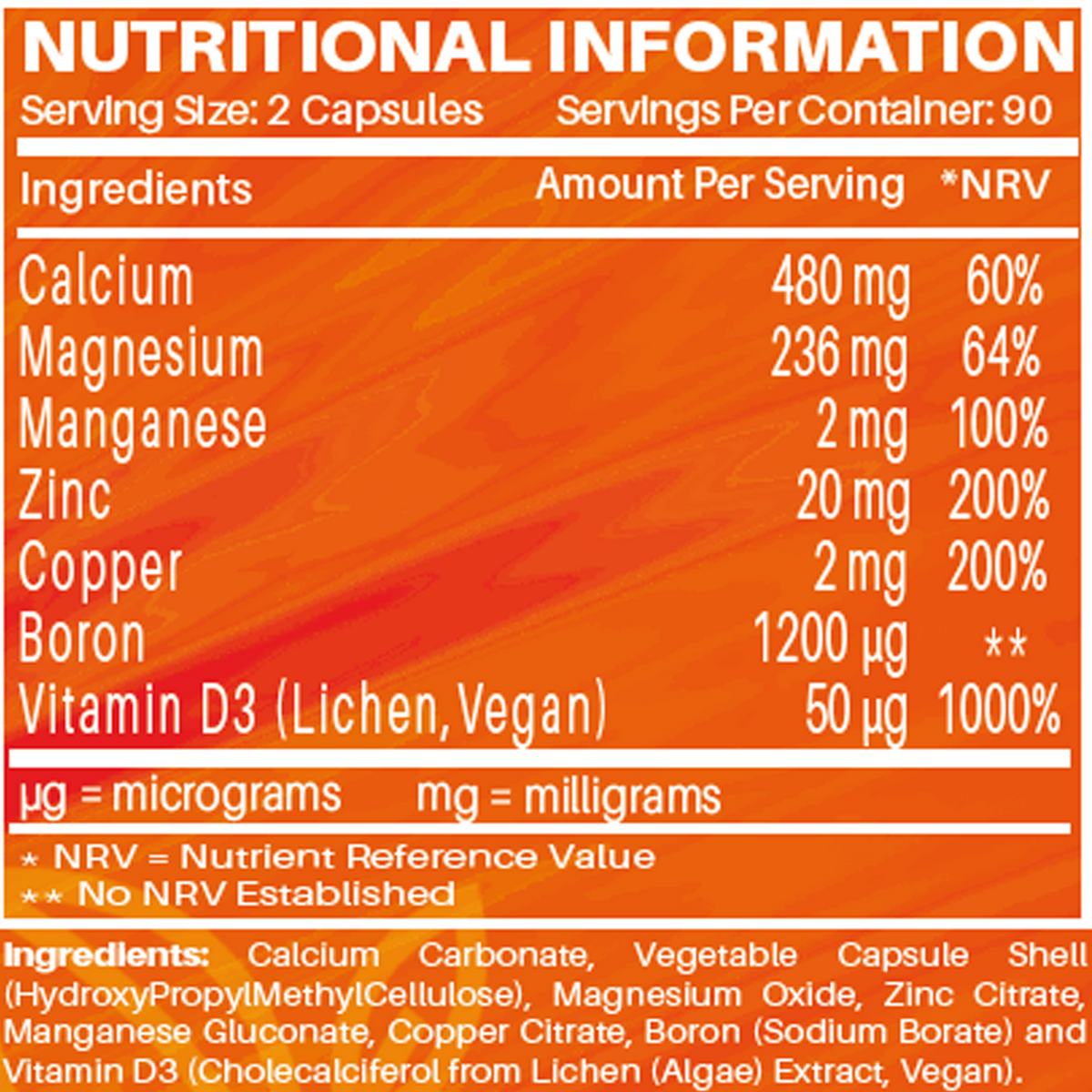 Vegan Vitamin D3 2000 IU with Calcium, Magnesium, Zinc & Copper – 180 Capsules | NUTRABYTES – nutrition and supplement facts panel