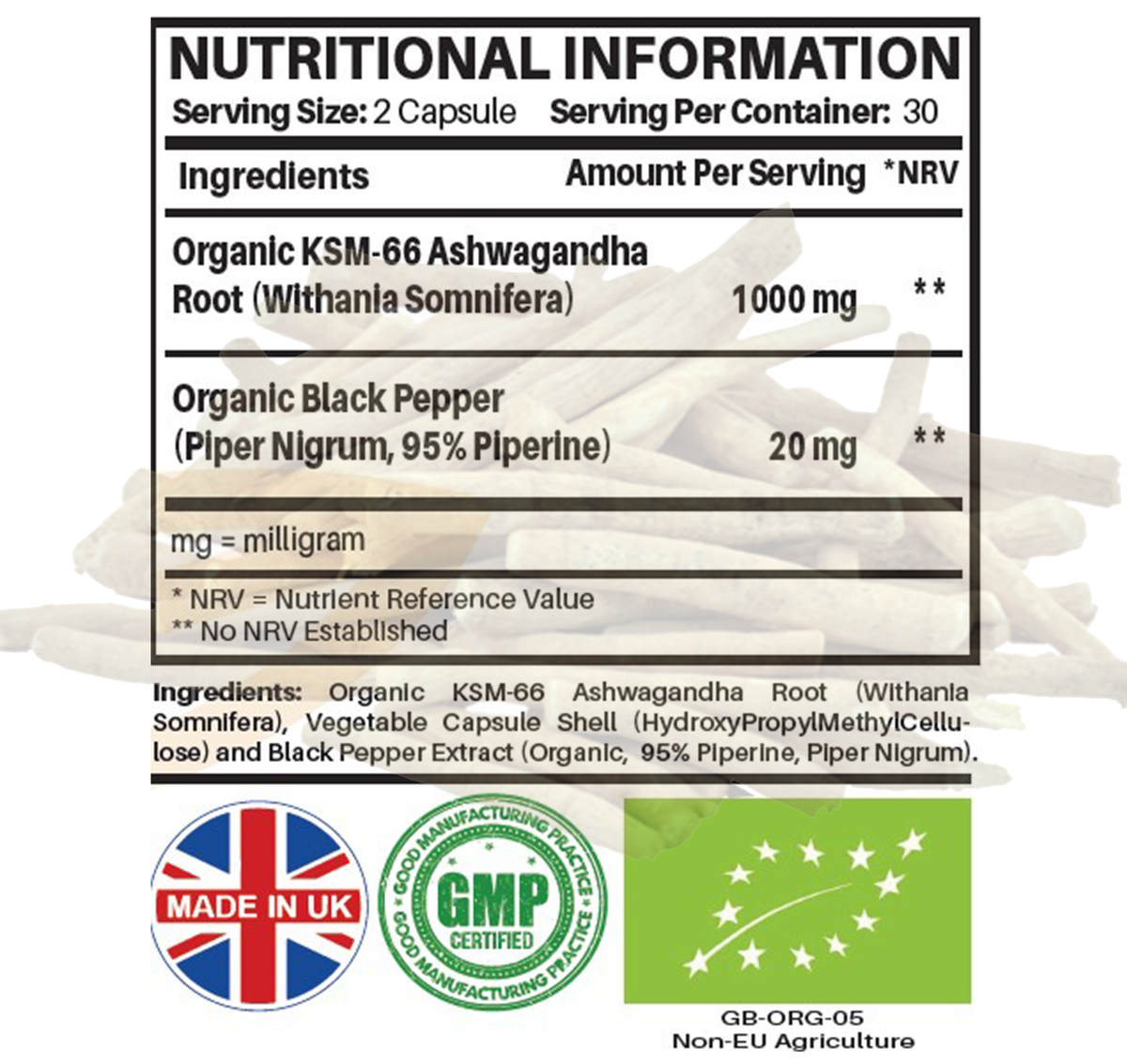 Organic Ashwagandha KSM-66® 1000mg per serving with Black Pepper – 60 Vegan Capsules | NUTRABYTES – nutrition and supplement facts panel