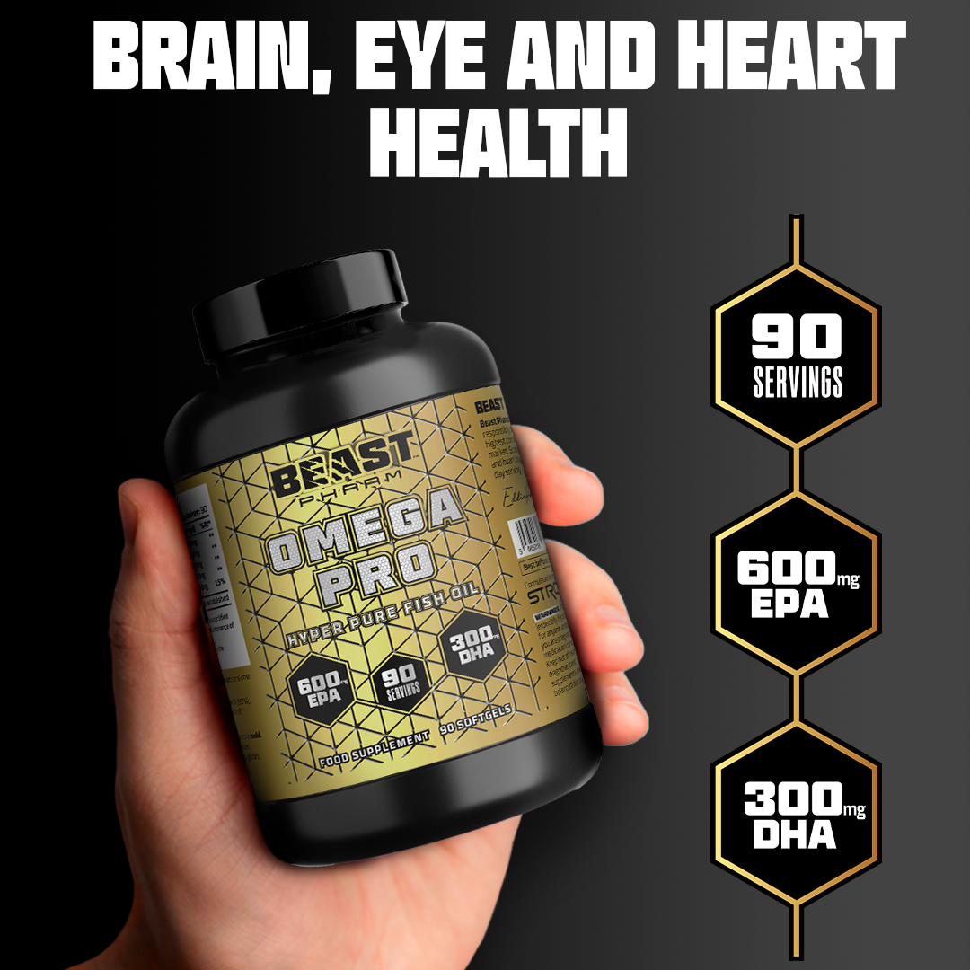 Hand holding Beast Pharm Omega 3 Pro bottle beside omega-3 information