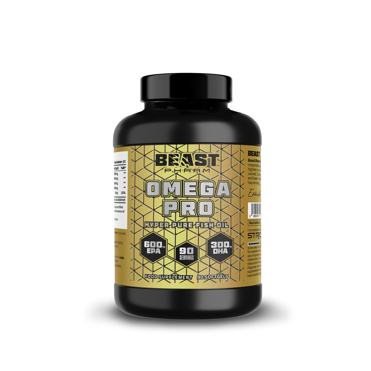 Beast Pharm Omega 3 Pro fish oil, front of 90-softgel bottle