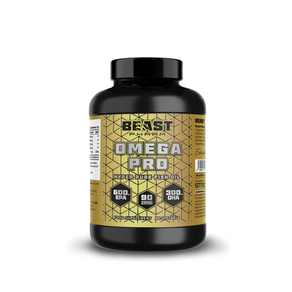 Beast Pharm Omega 3 Pro fish oil, front of 90-softgel bottle