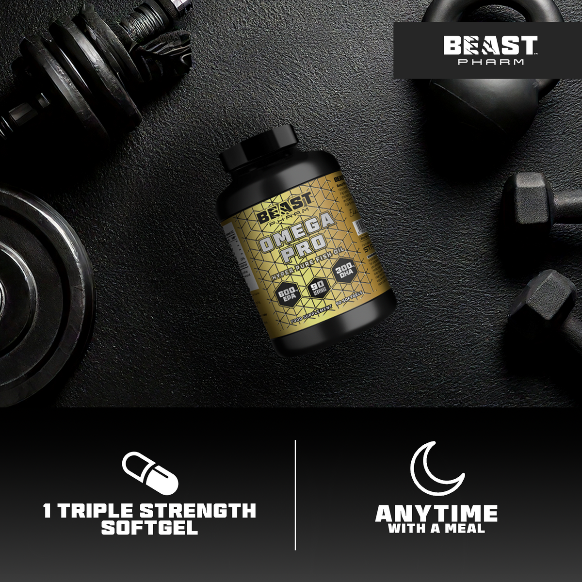 Beast Pharm Omega 3 Pro bottle displayed with gym equipment