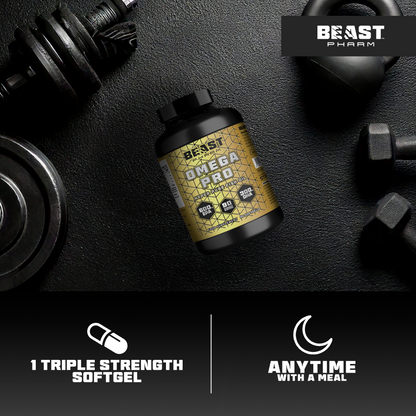 Beast Pharm Omega 3 Pro bottle displayed with gym equipment