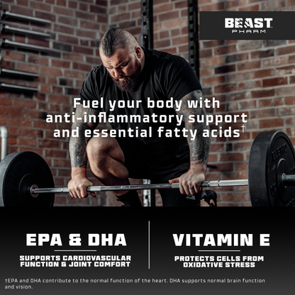 Athlete lifting weights beside Beast Pharm Omega 3 Pro EPA, DHA and vitamin E graphic