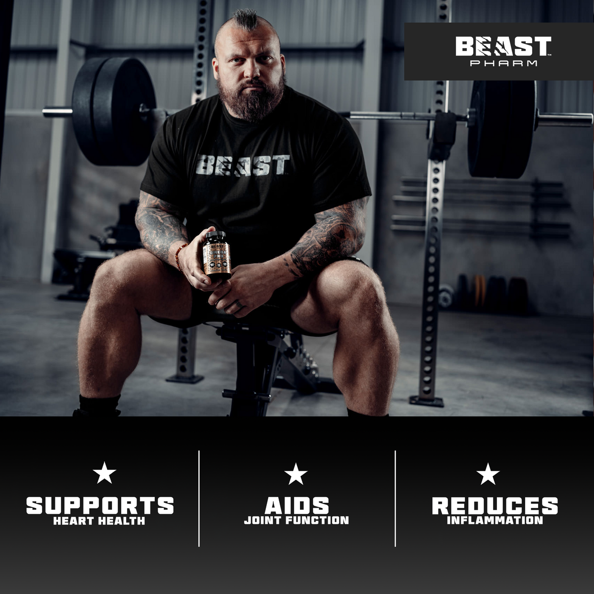 Athlete in a gym holding a Beast Pharm Omega 3 Pro bottle