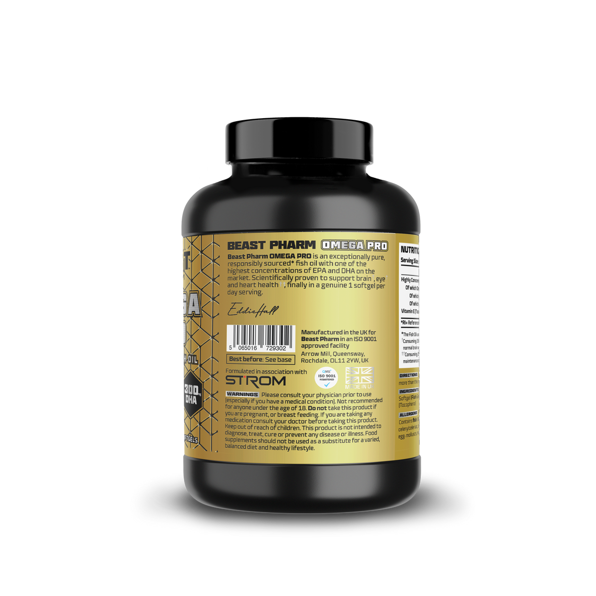 Beast Pharm Omega 3 Pro 90-softgel bottle showing side label