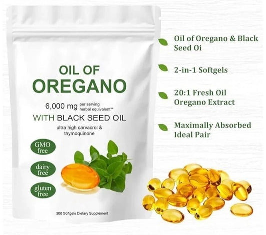 Oil of Oregano softgels with Black Seed Oil supplement pouch and softgel capsules for immune health and daily wellness support