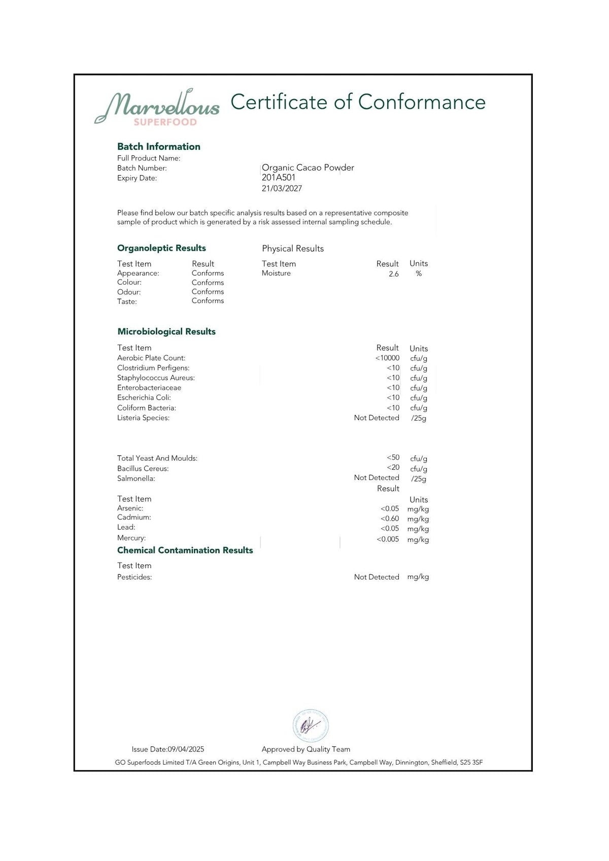 Marvellous Superfood Organic Cacao Powder – supplier certificate image