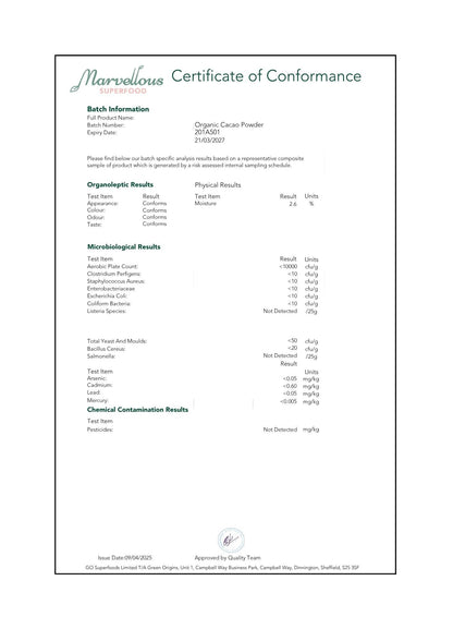 Marvellous Superfood Organic Cacao Powder – supplier certificate image