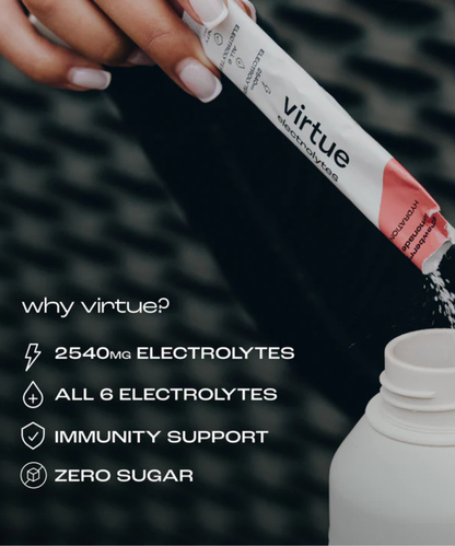 Virtue Electrolytes Hydration Mango Passionfruit – 12 Sachets – sachet poured into a bottle
