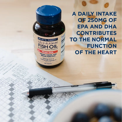 PEAK DHA bottle with heart-function information for a 250mg daily intake of EPA and DHA