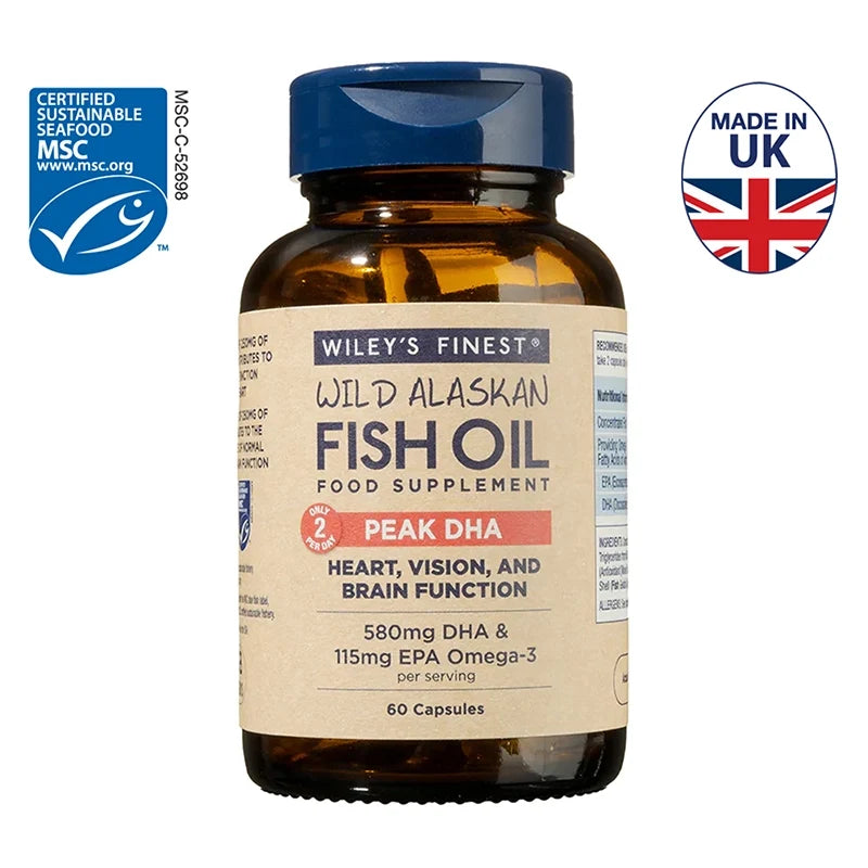 Wiley’s Finest PEAK DHA Wild Alaskan Fish Oil 60-capsule bottle with MSC and Made in UK badges